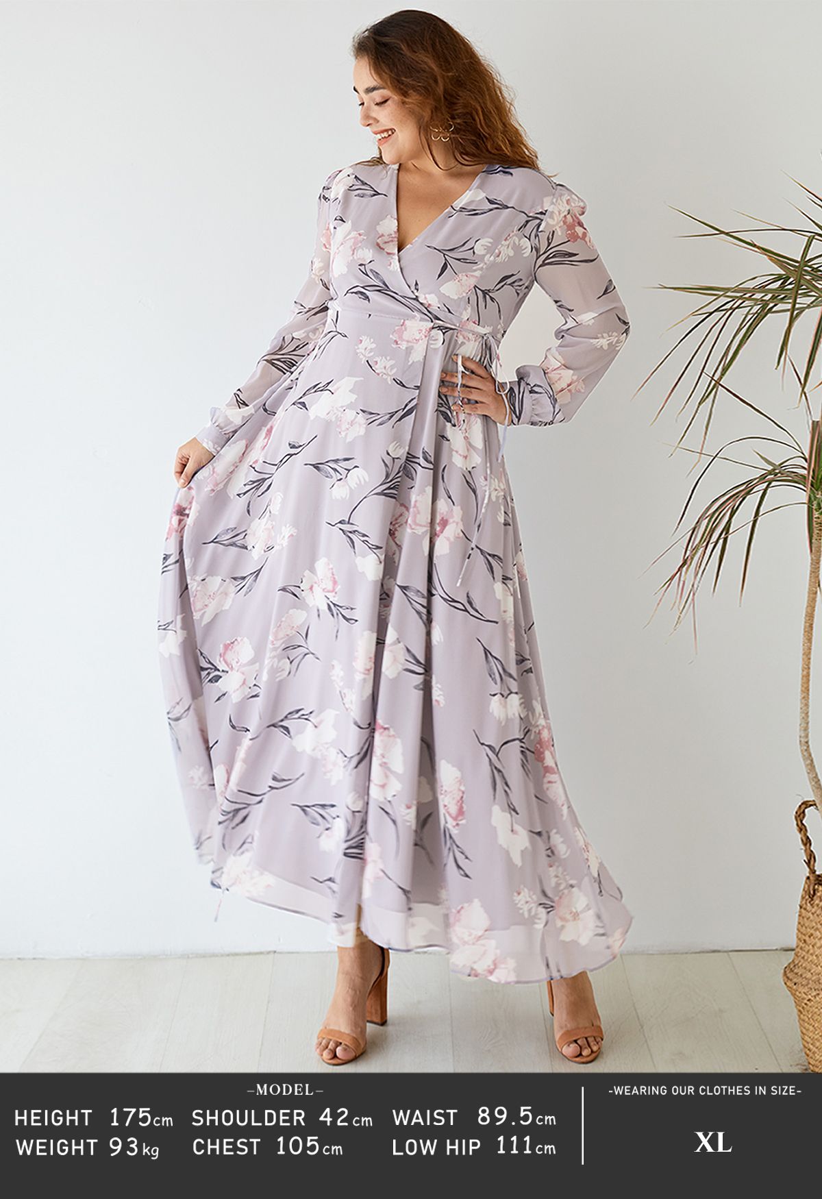 Stunning Lavender Floral Print Wrap Chiffon Maxi Dress