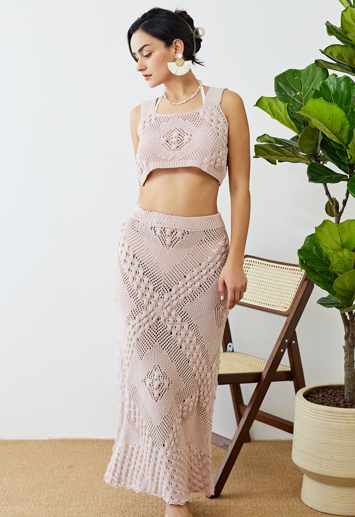 Embossed Pointelle Knit Tank Top and Skirt Set in Dusty Pink