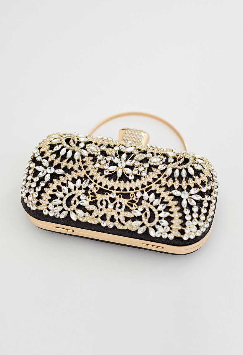 Glittering Floral Rhinestone Inserted Clutch in Black