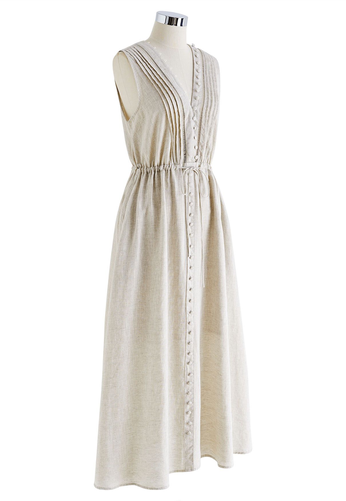 V-Neck Buttoned Sleeveless Dress in Linen