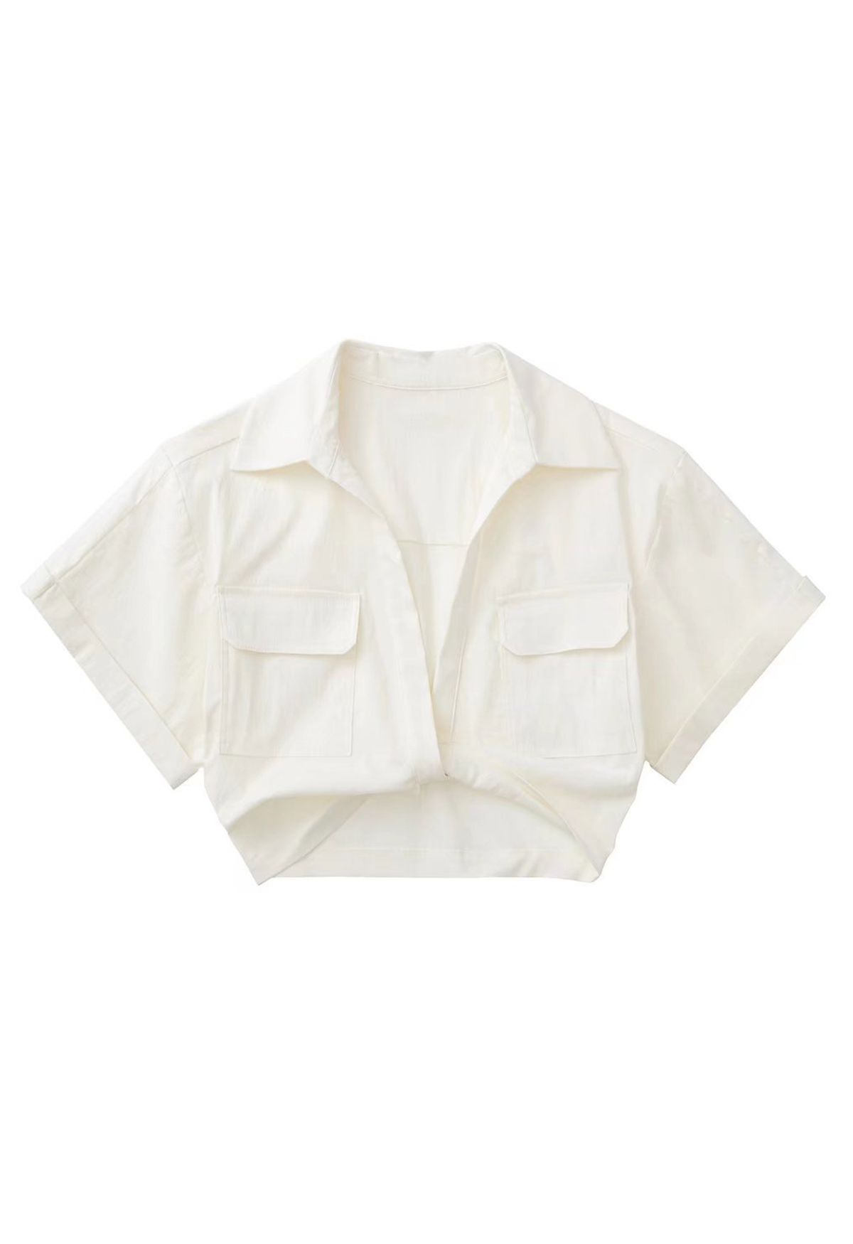 Front Tie Flap Pocket Crop Shirt in Ivory