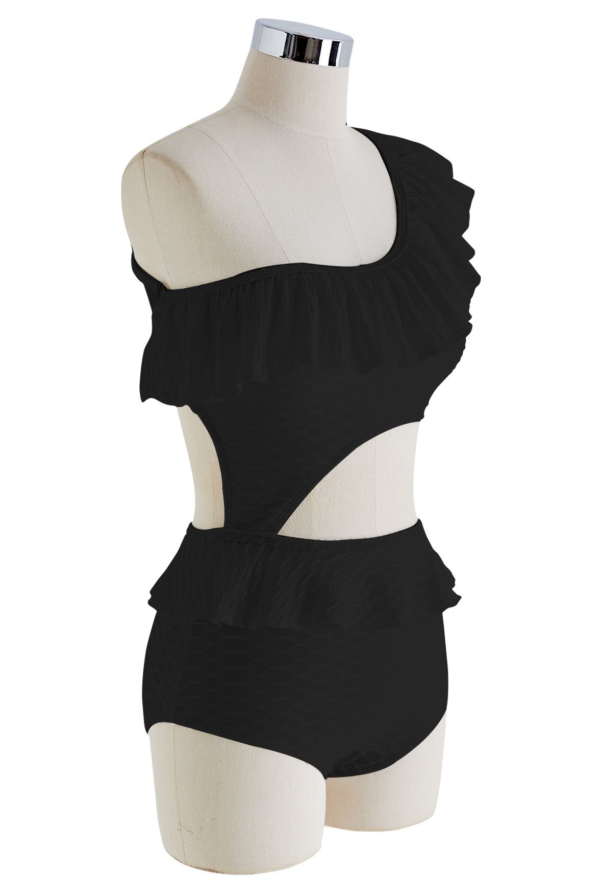 Ruffle One-Shoulder Cutout Swimsuit in Black