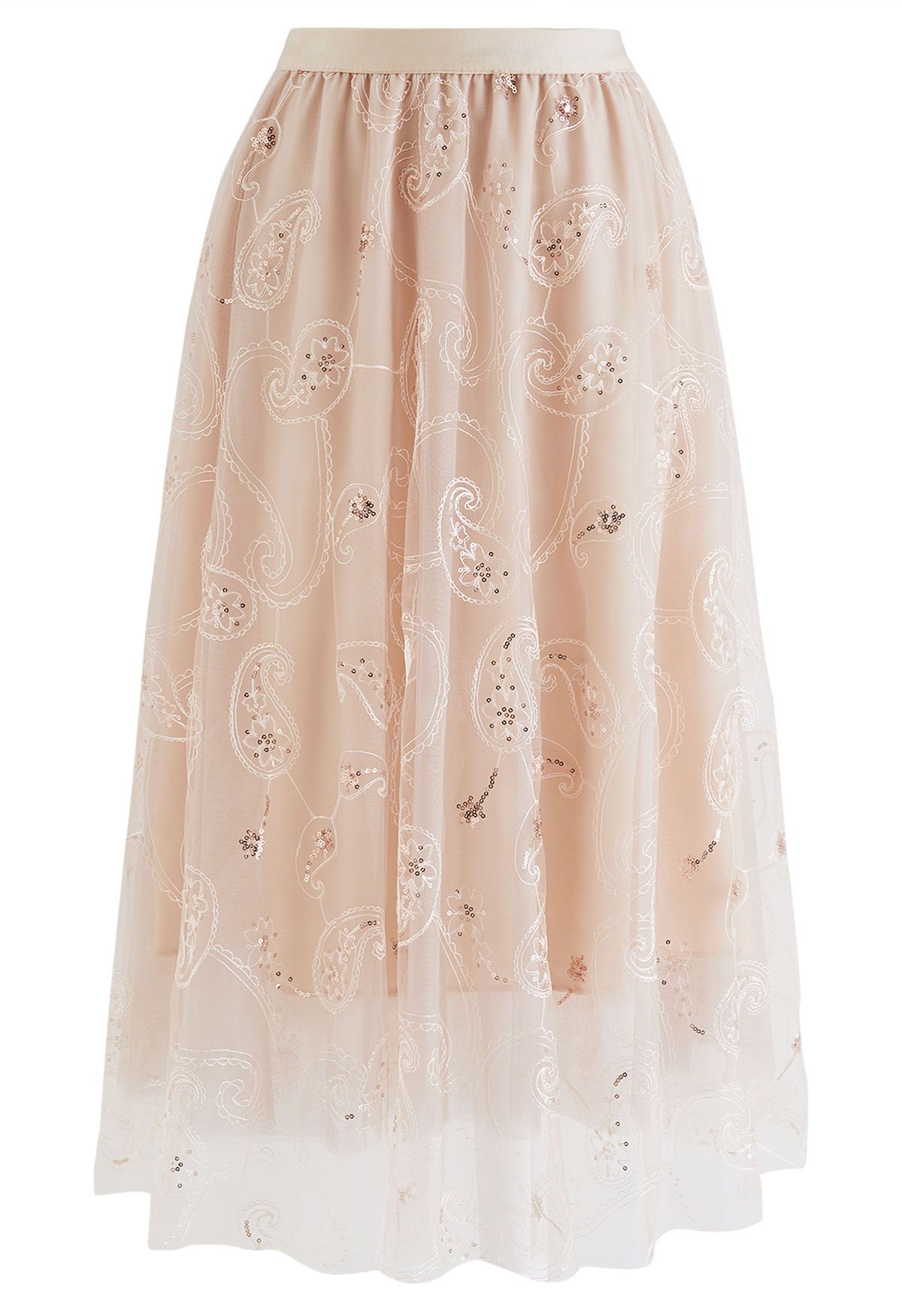 Sequined Embroidered Paisley Mesh Midi Skirt in Apricot