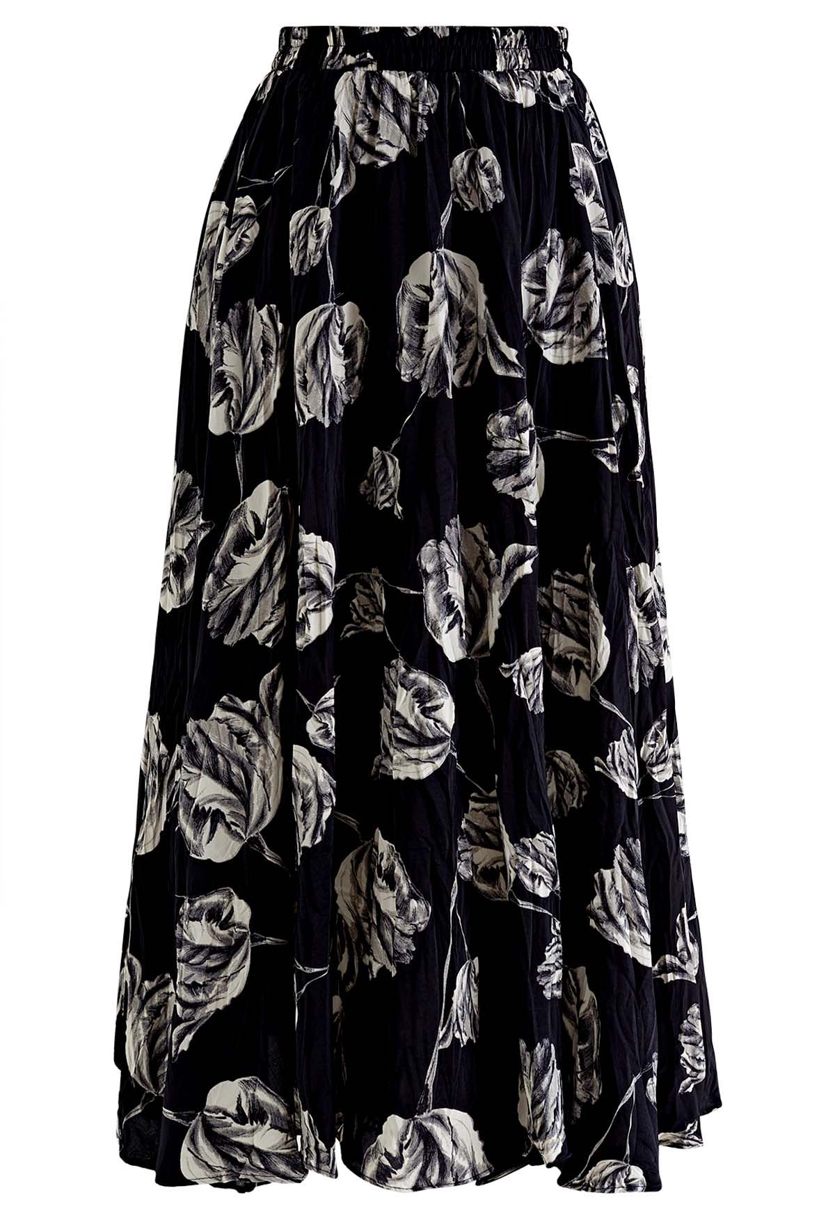 Ink Rose Bud Printed Midi Skirt in Black