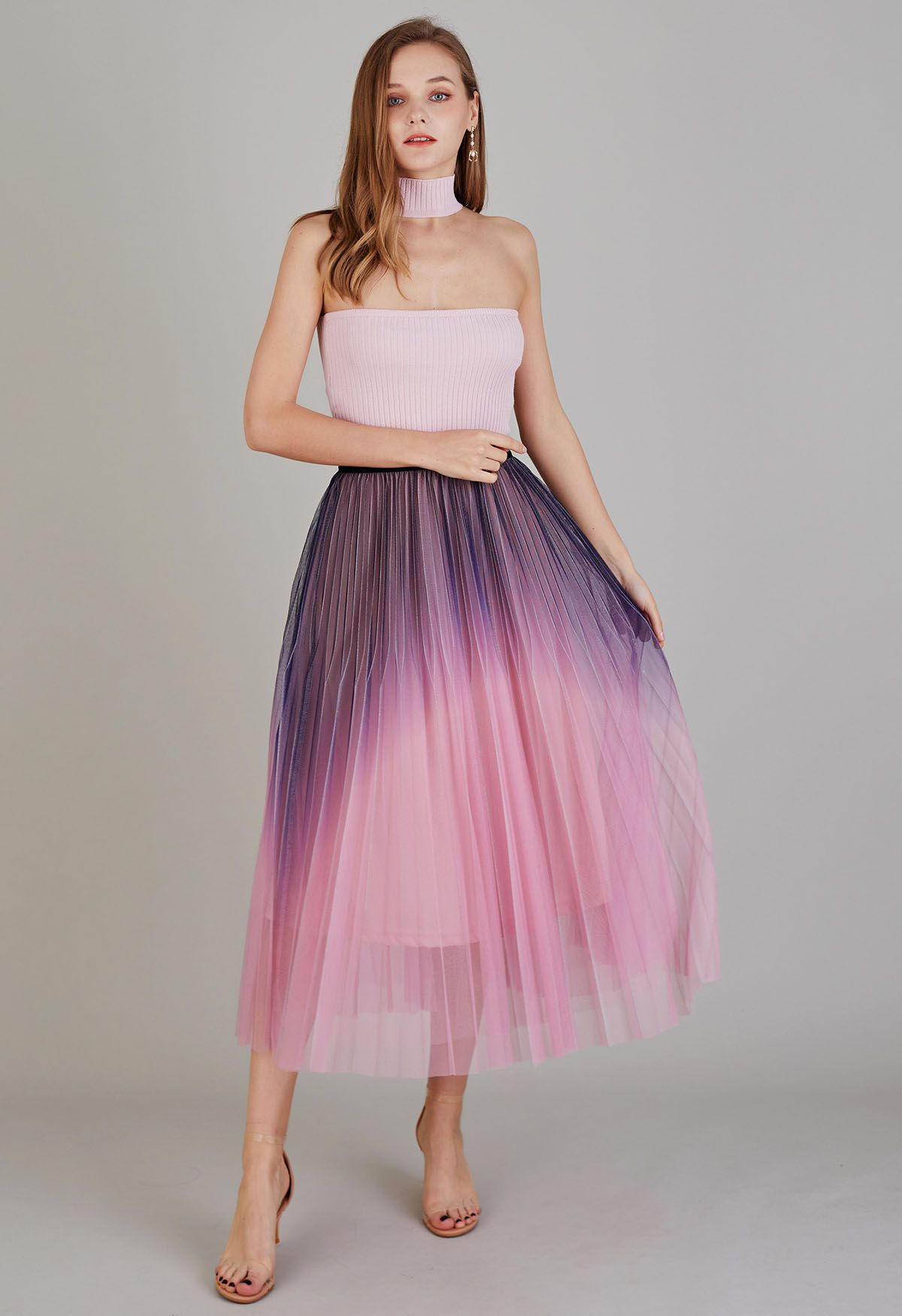 Shimmer Gradient Pleated Mesh Midi Skirt