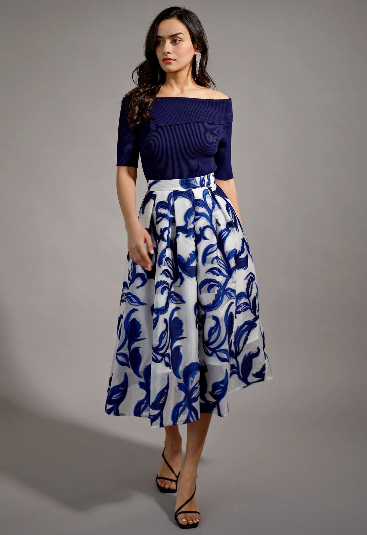 Indigo Vine Jacquard Organza Pleated Midi Skirt