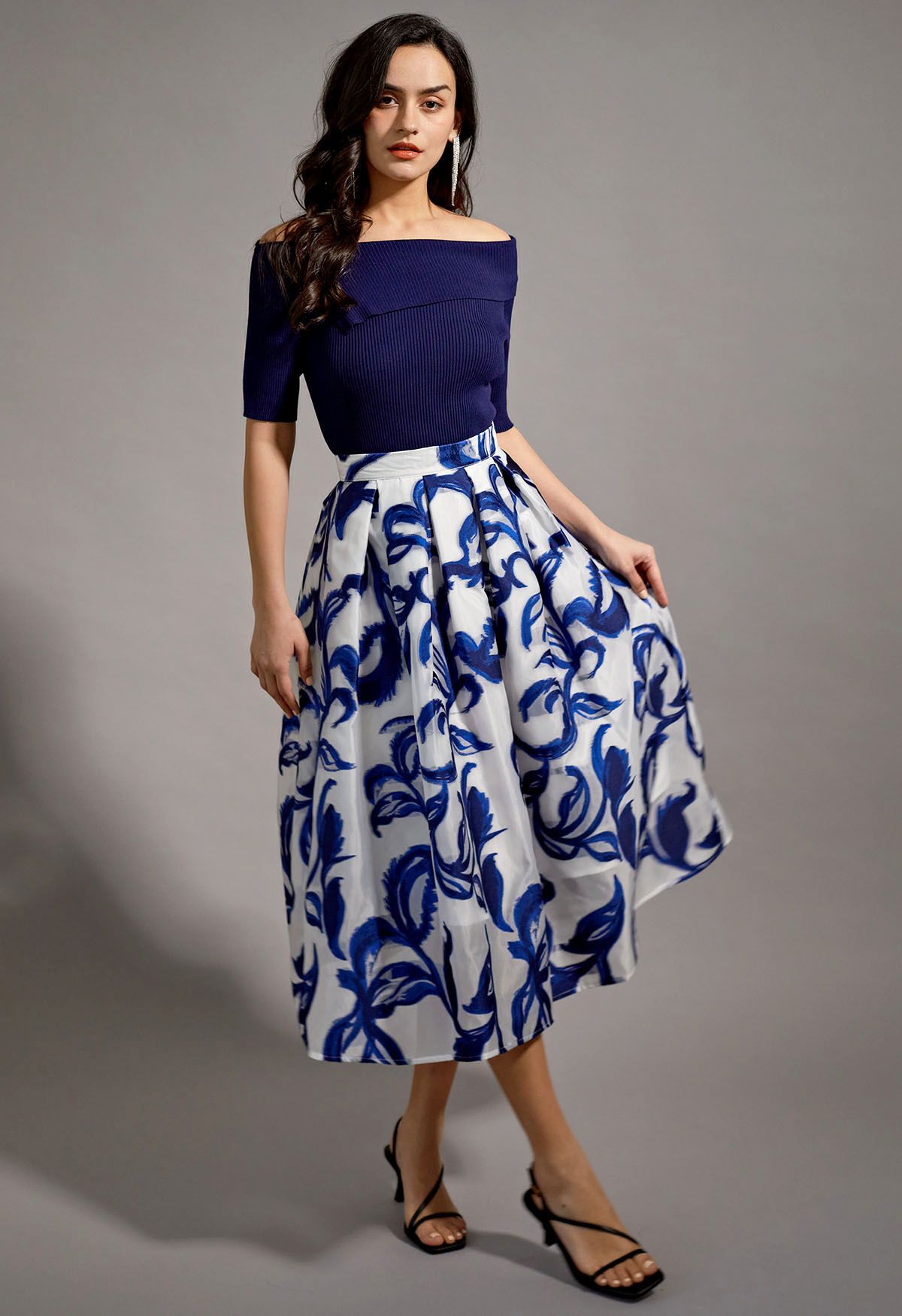 Indigo Vine Jacquard Organza Pleated Midi Skirt