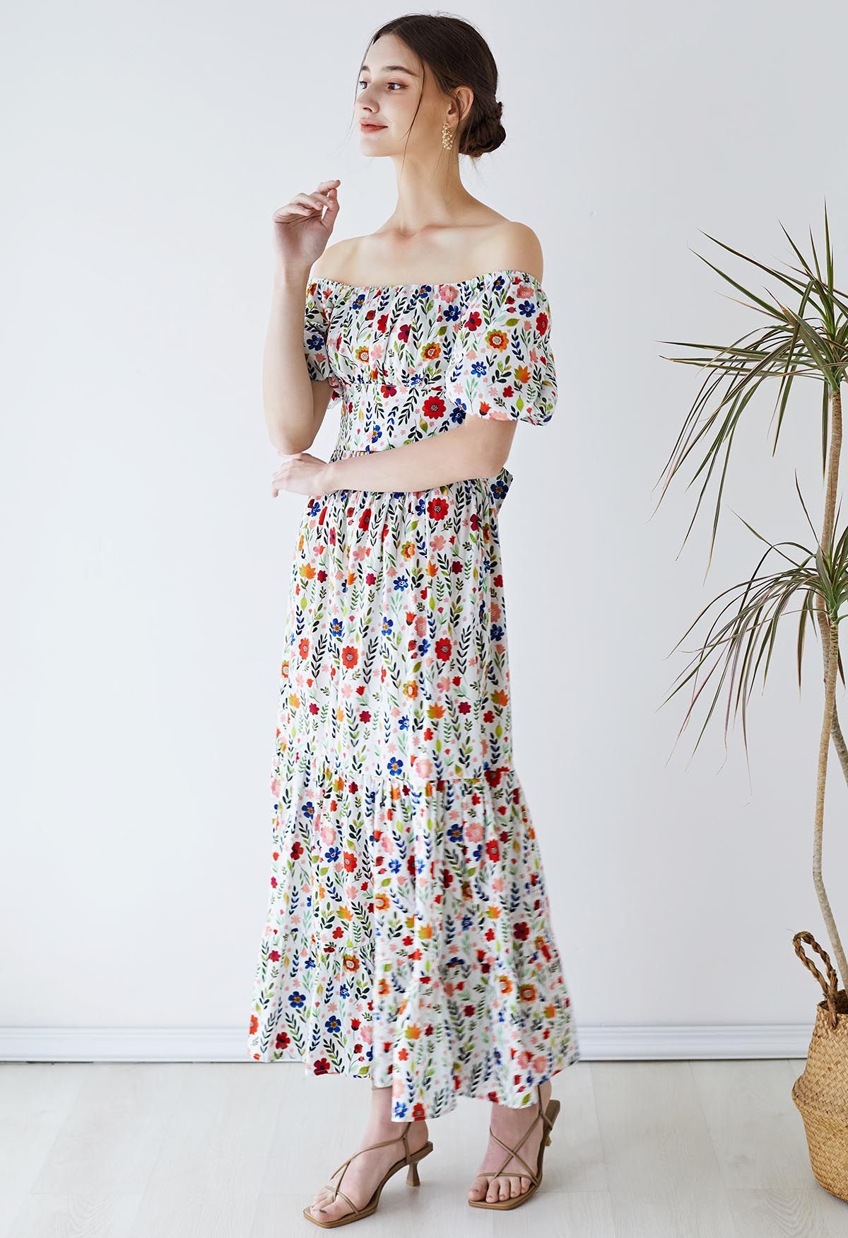 Off-Shoulder Bowknot Crop Top and Flare Skirt Set in Floret Print