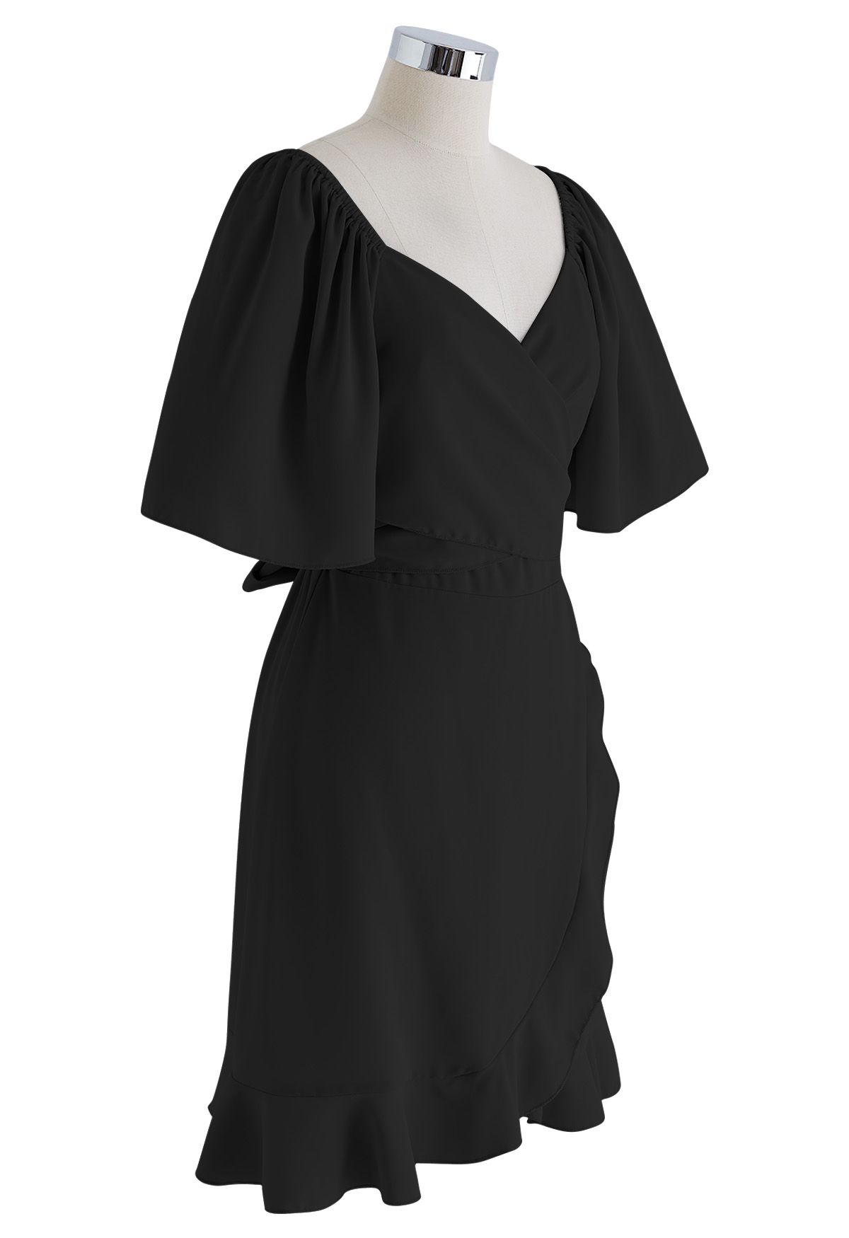 Cross Ribbon Flutter Sleeves Ruffle Dress in Black