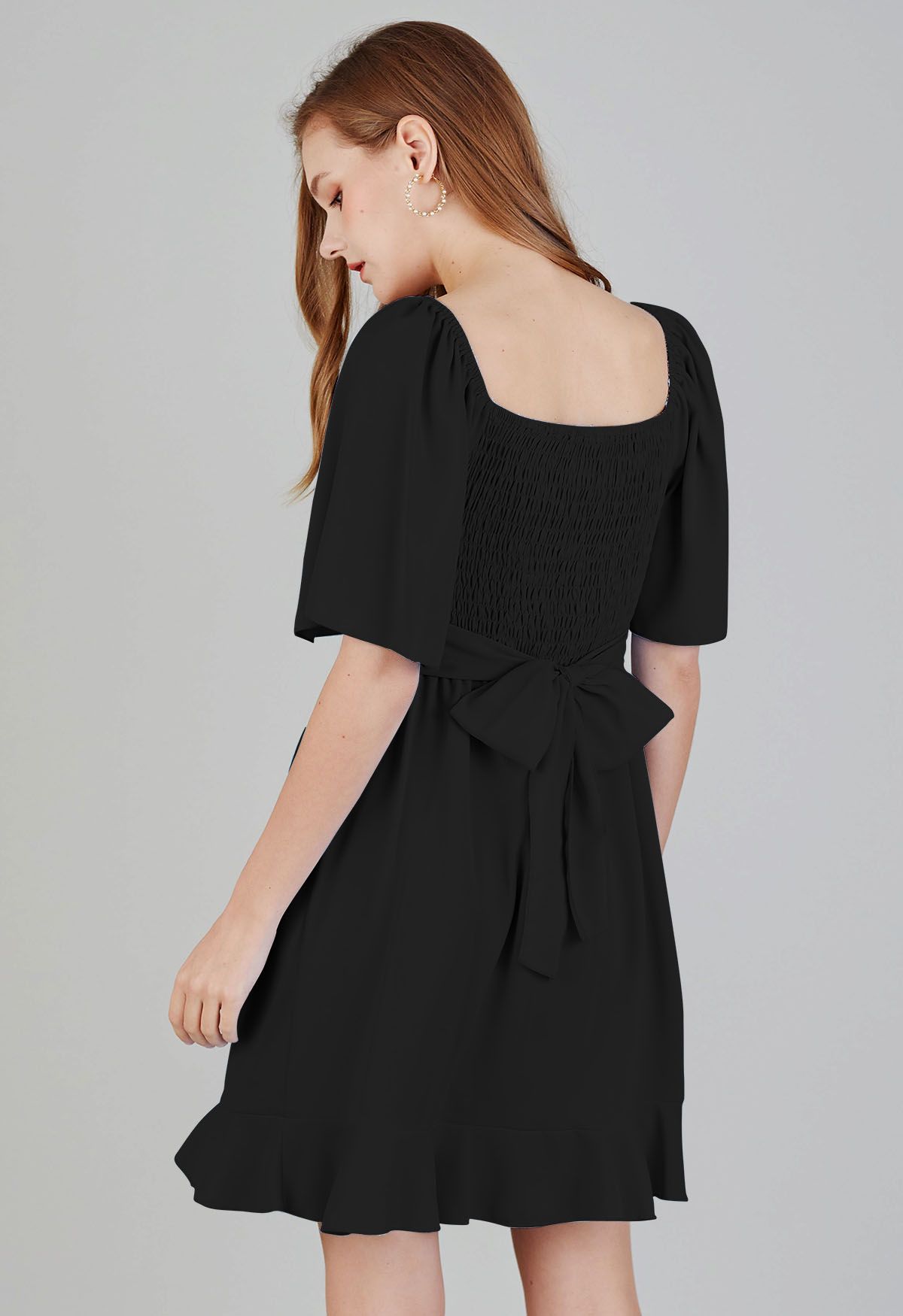 Cross Ribbon Flutter Sleeves Ruffle Dress in Black