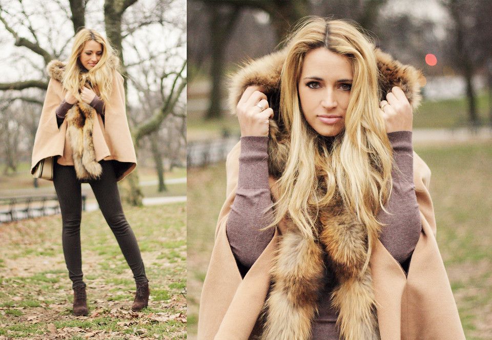 Luxury Khaki Detachable Fur Hooded Cape