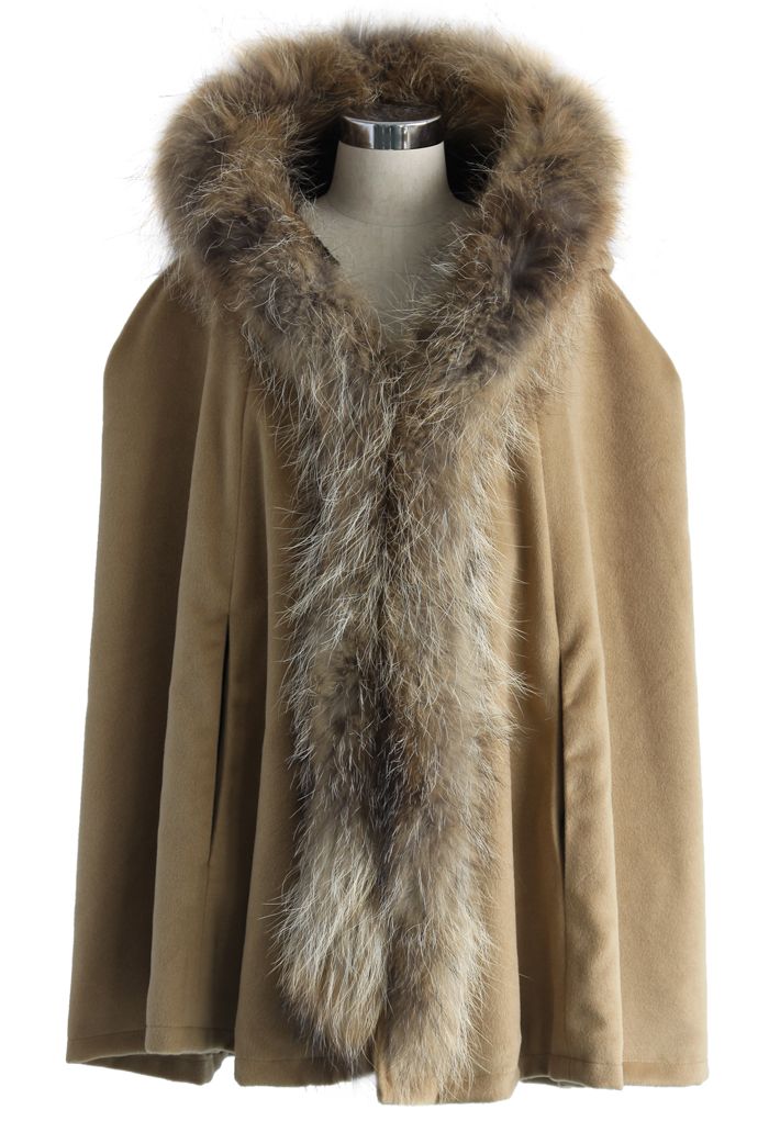 Luxury Khaki Faux Fur Hooded Cape