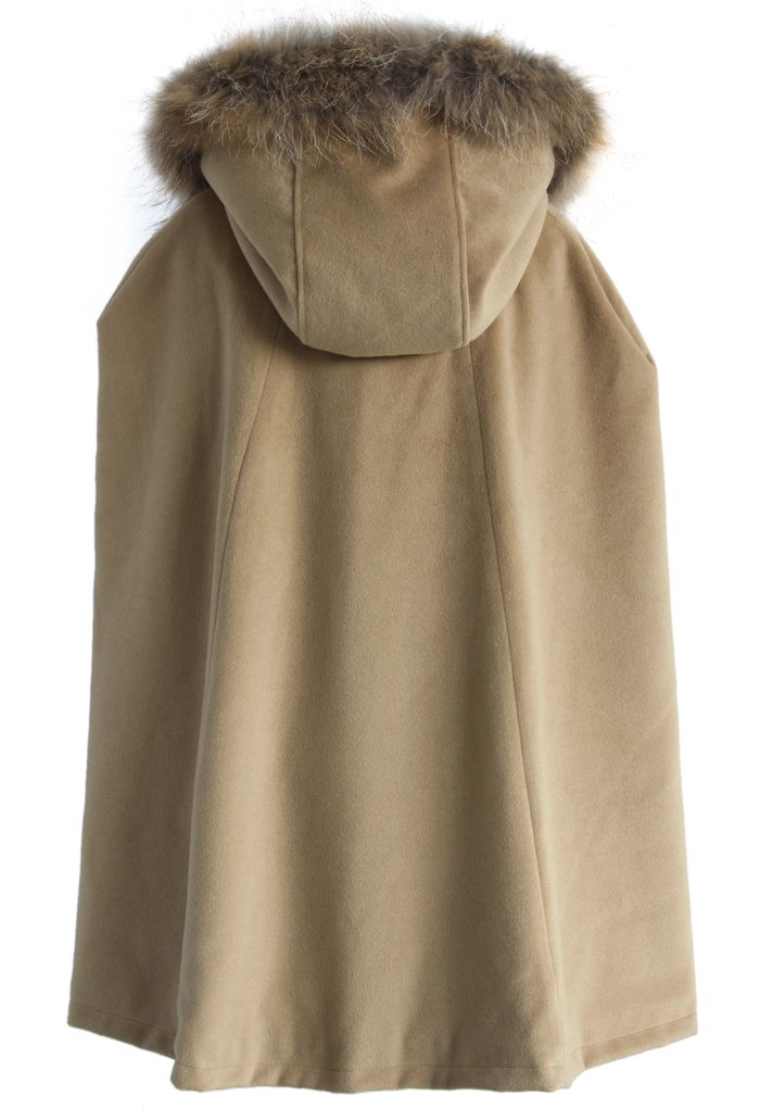 Luxury Khaki Faux Fur Hooded Cape