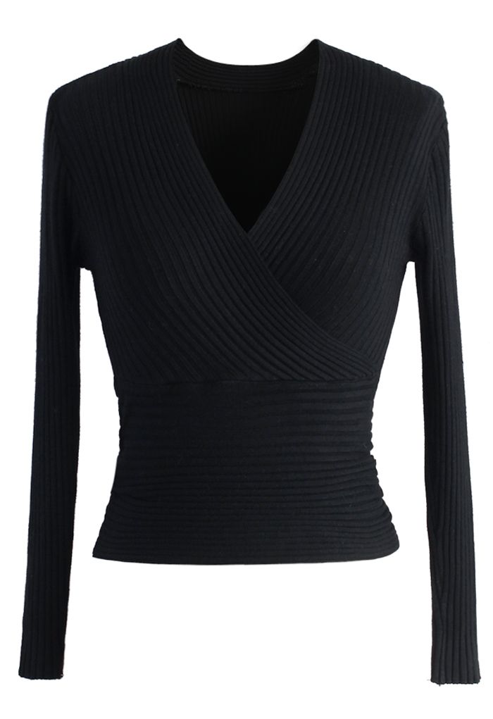 Glam V-neck Ribbed Top in Black