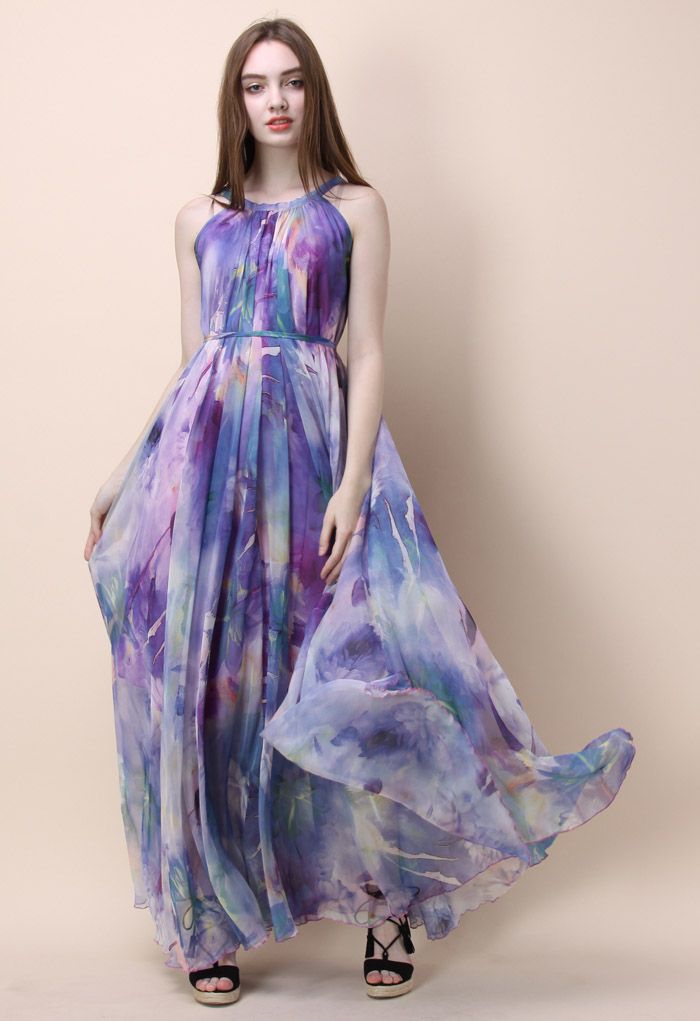 Floral Watercolor Maxi Slip Dress in Violet