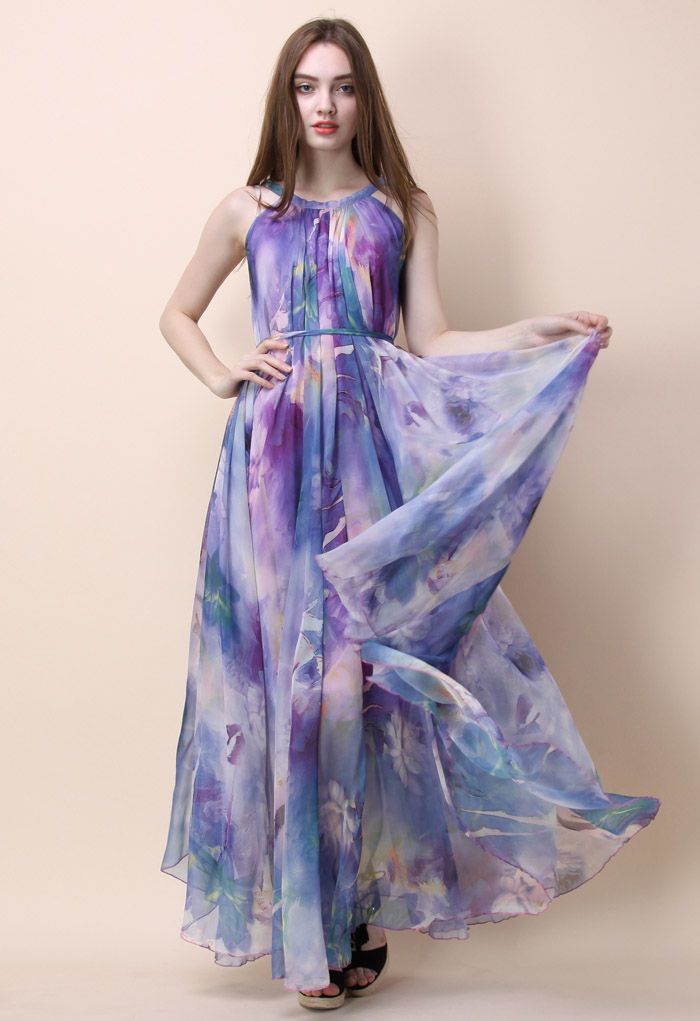 Floral Watercolor Maxi Slip Dress in Violet