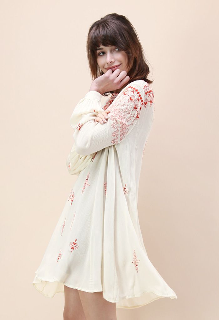 Boho Evocation Embroidered Dress in Beige