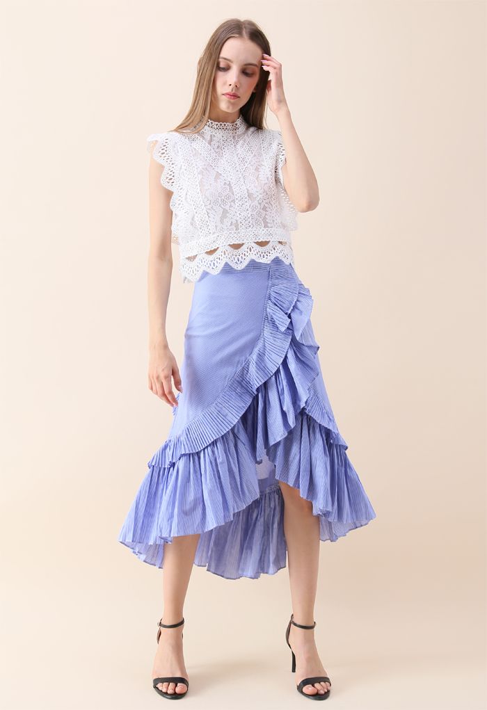 Applause of Ruffle Tiered Frill Hem Skirt in Blue Stripes