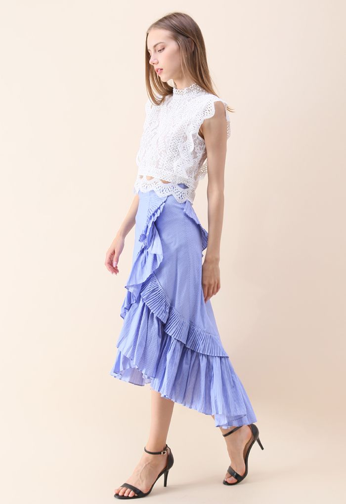 Applause of Ruffle Tiered Frill Hem Skirt in Blue Stripes