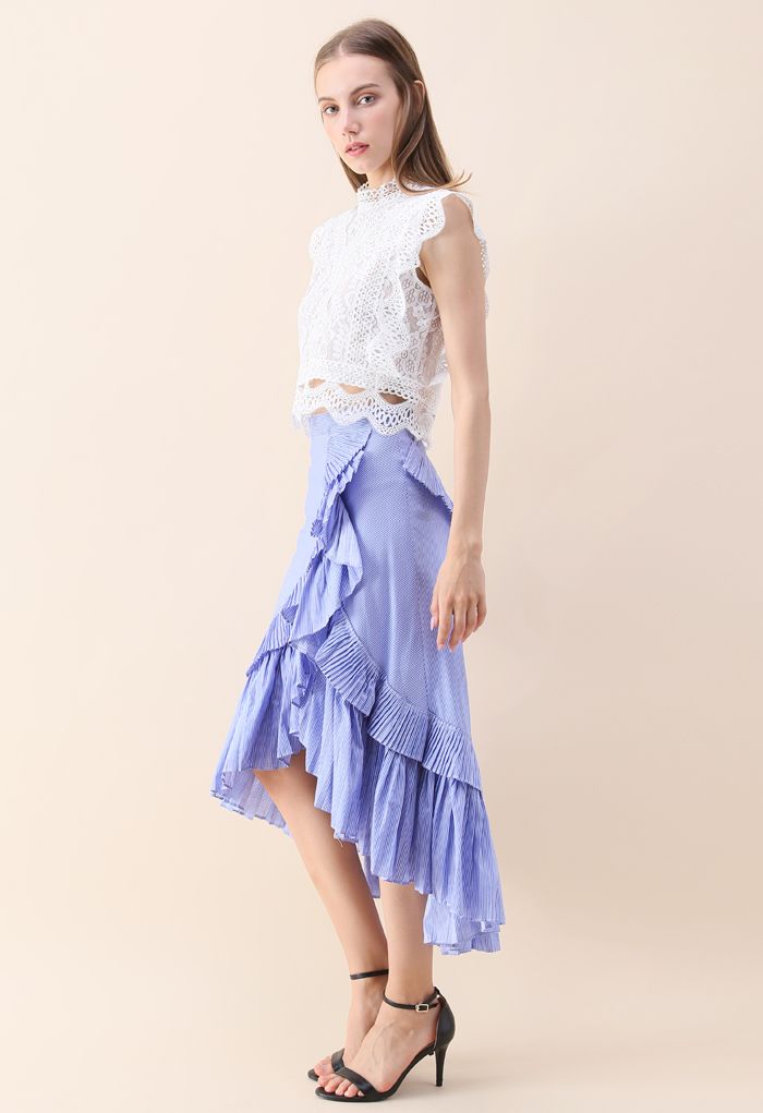 Applause of Ruffle Tiered Frill Hem Skirt in Blue Stripes