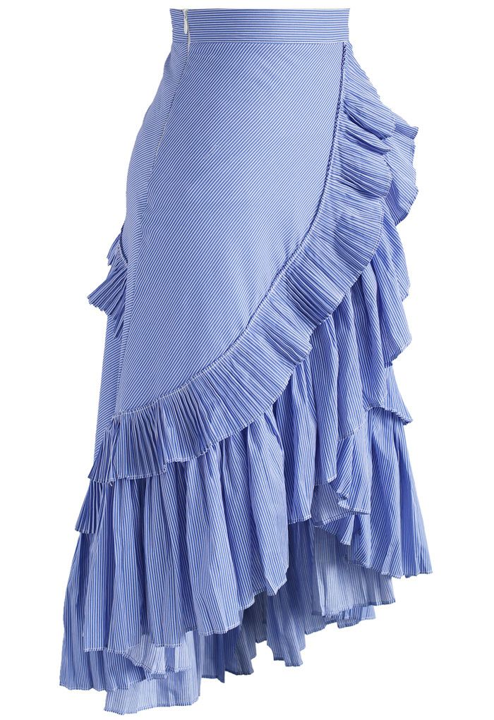 Applause of Ruffle Tiered Frill Hem Skirt in Blue Stripes