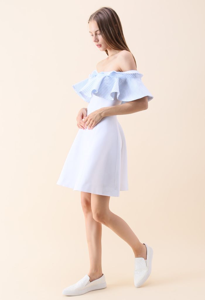 Nifty Breeze Off-shoulder Dress in Blue Stripe