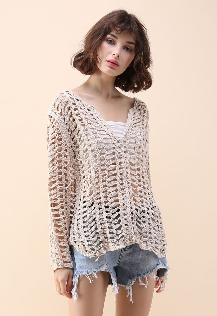 Glee Twine V-neck Net Top in Cream