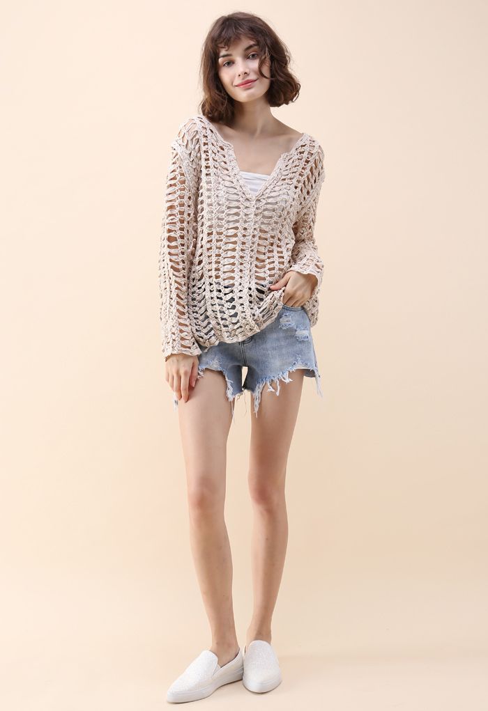 Glee Twine V-neck Net Top in Cream