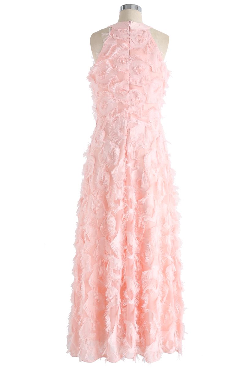 Dancing Feathers Tassel Halter Neck Maxi Dress in Pink 