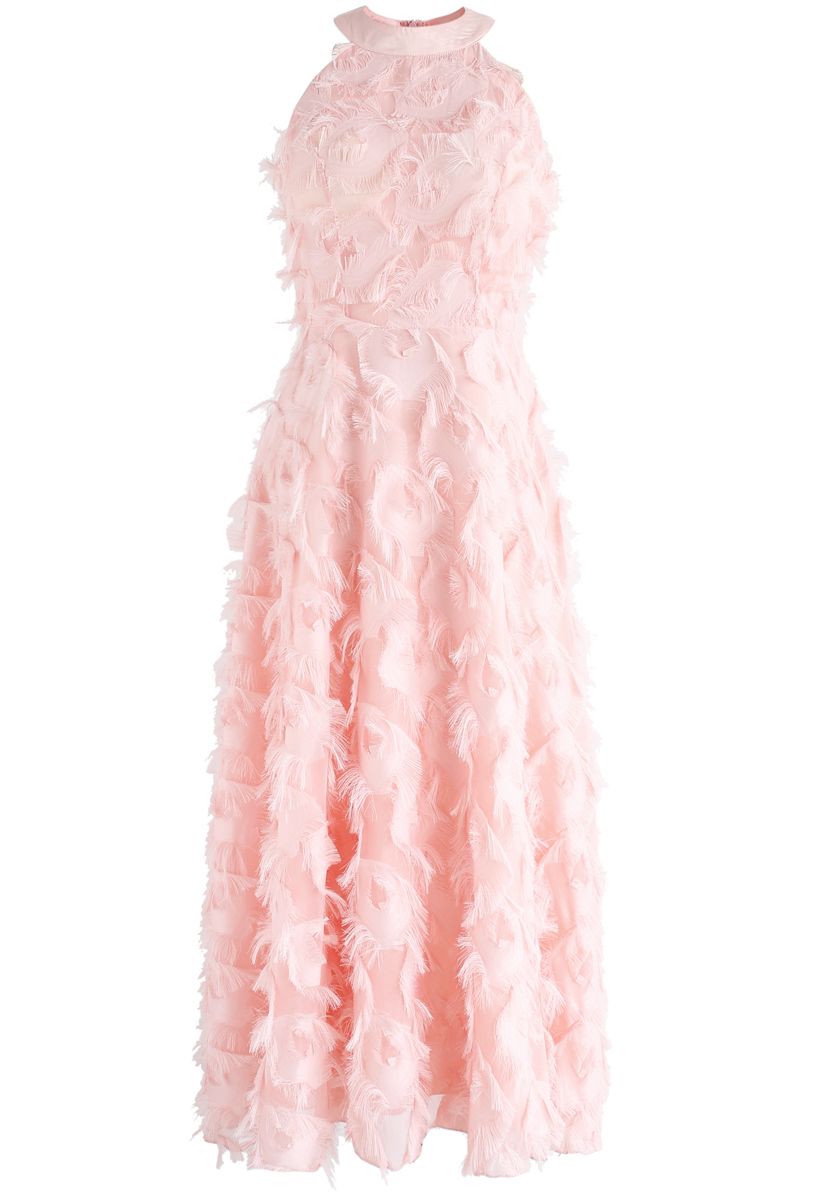 Dancing Feathers Tassel Halter Neck Maxi Dress in Pink 