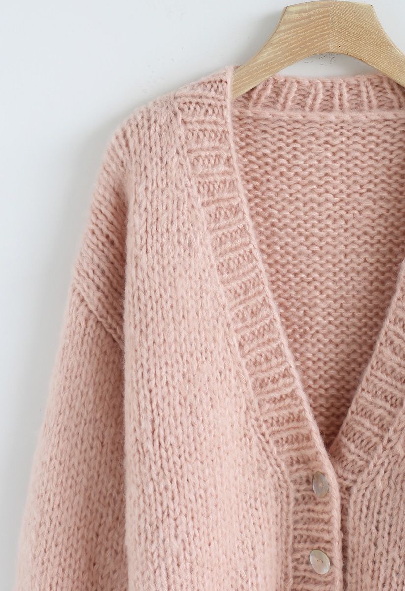 Pause for the Cozy Chunky Hand Knit Cardigan in Pink