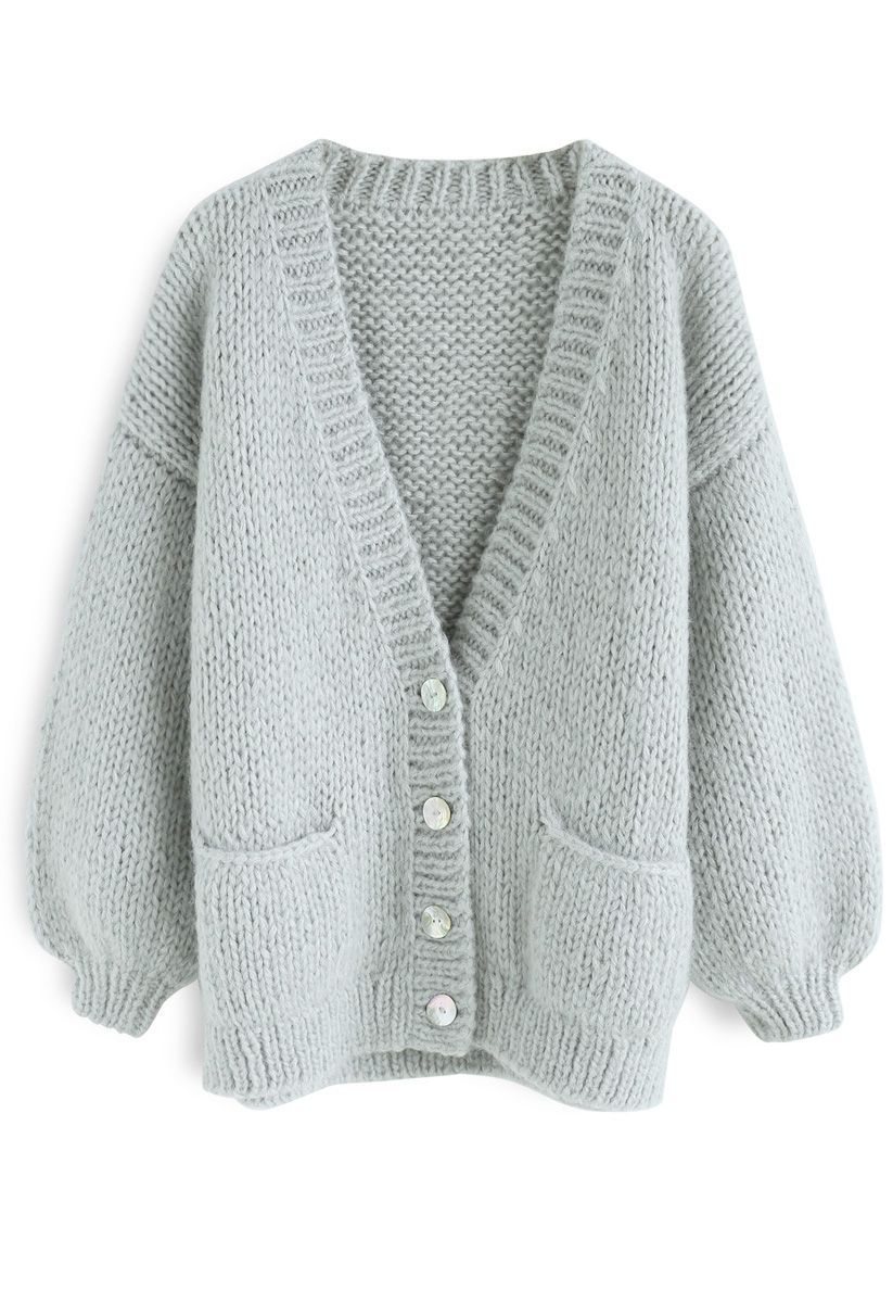 Pause for the Cozy Chunky Hand Knit Cardigan in Mint