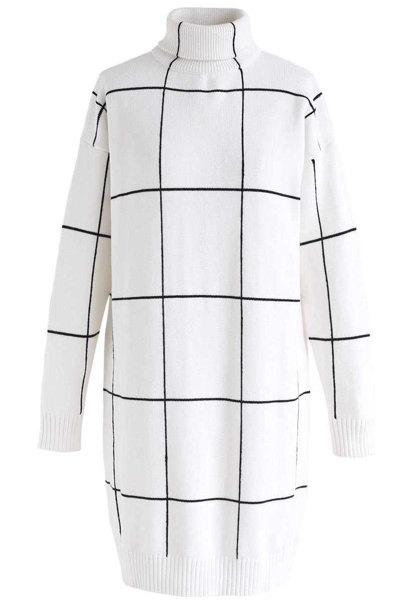 Warm Welcome Grid Turtleneck Sweater Dress