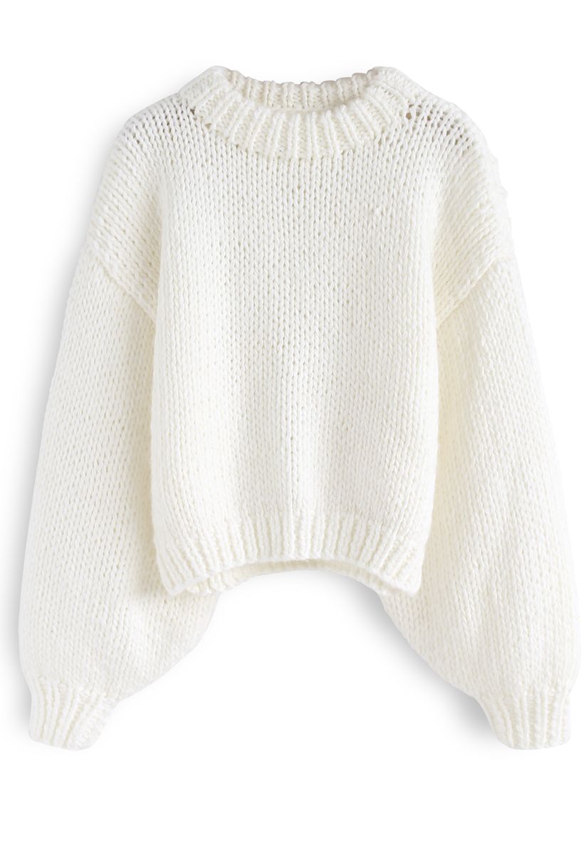 Chunky Chunky Puff Sleeves Cropped Sweater in White