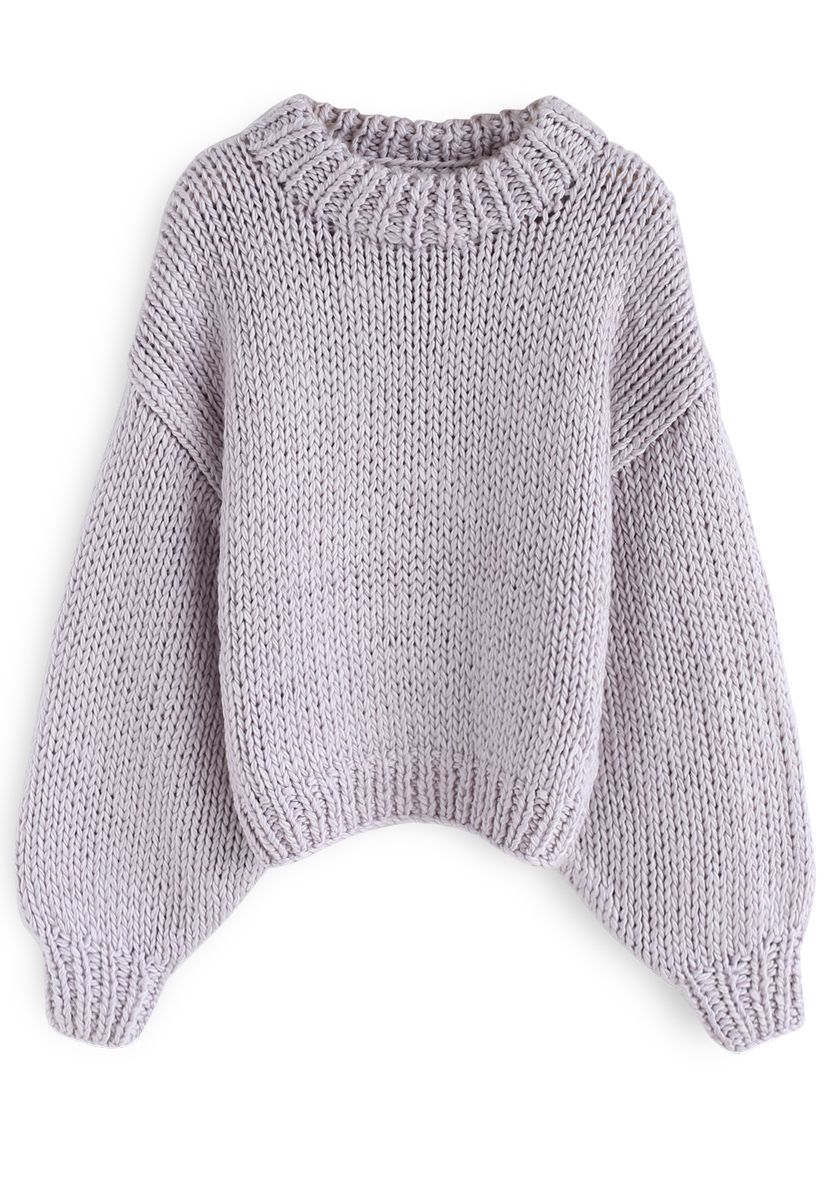 Chunky Chunky Puff Sleeves Cropped Sweater in Lavender