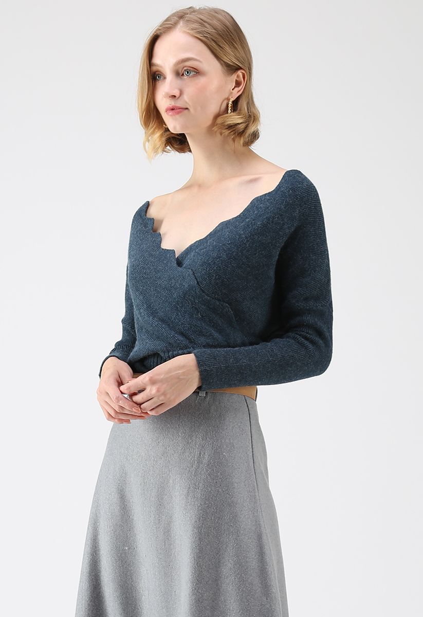 Cafe Time Wavy Wrap Knit Top in Teal