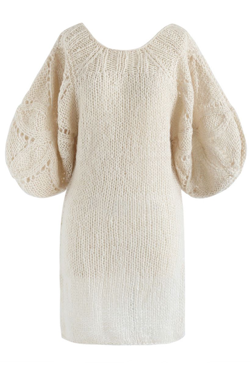 What We Dream Fluffy Hand-Knit Shift Dress with Bubble Sleeves