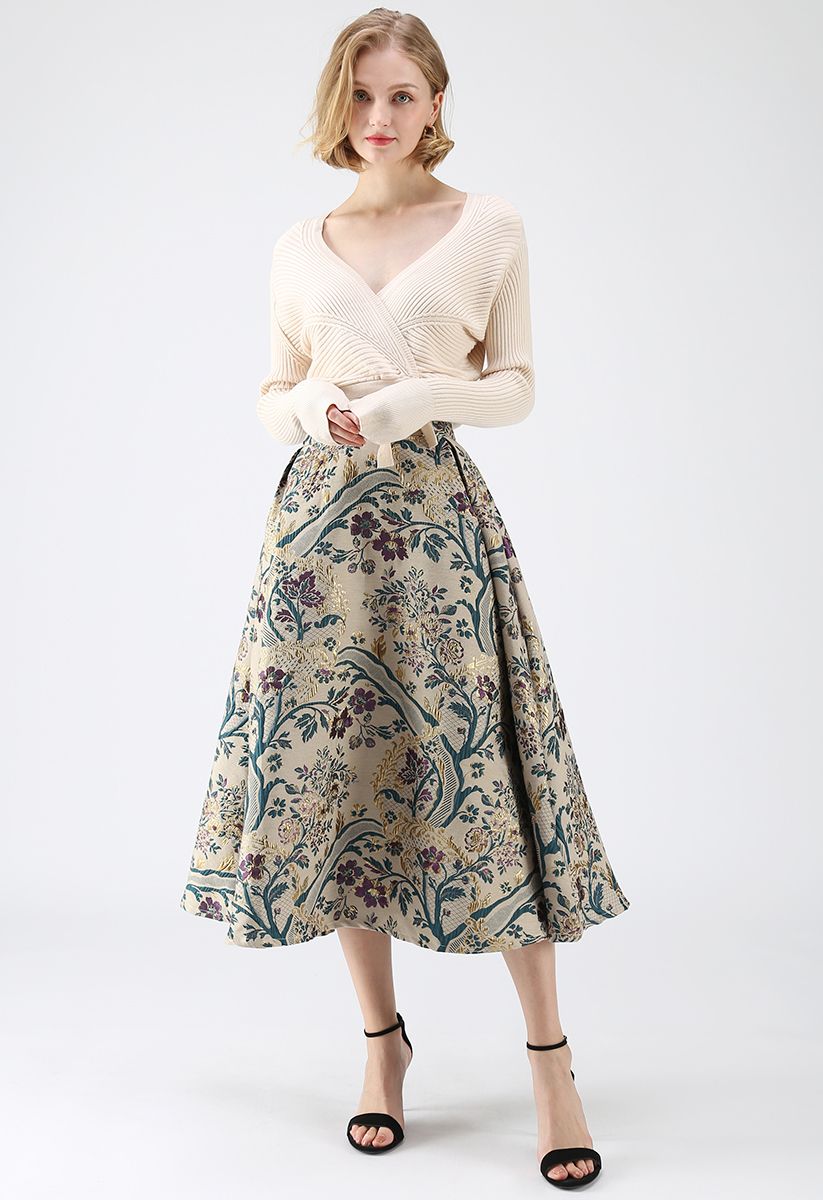 Vintage Bouquet Embroidered Midi Skirt