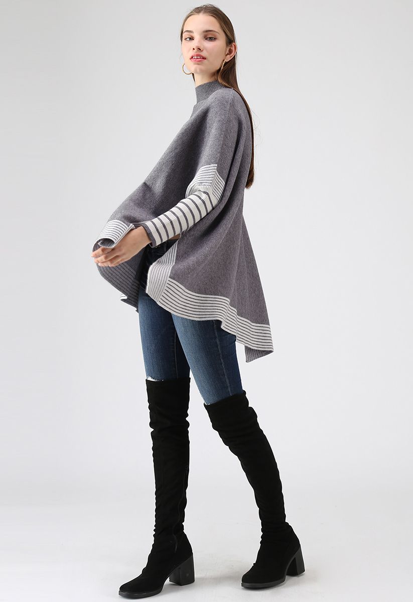 Lie in Grey Fields Striped Oversize Knit Cape Sweater