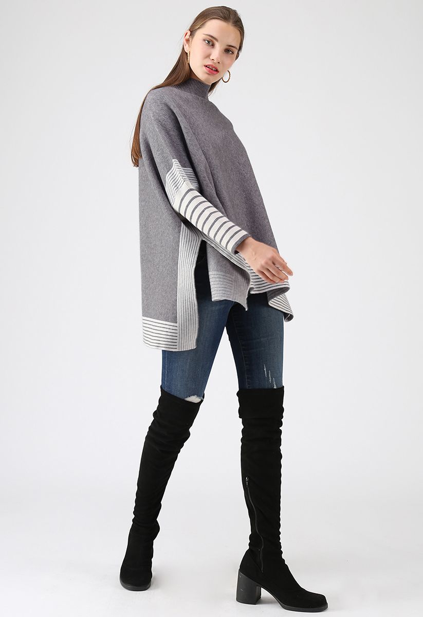 Lie in Grey Fields Striped Oversize Knit Cape Sweater