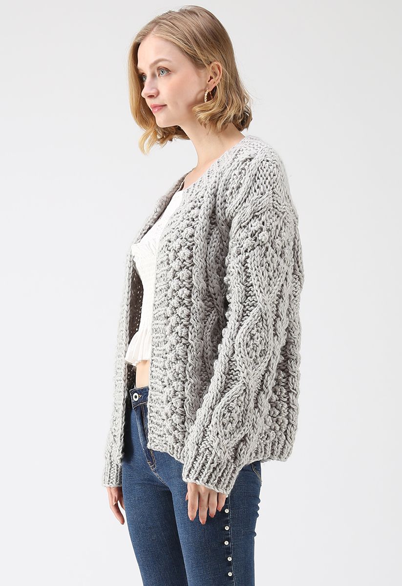 Wintry Morning Cable Knit Cardigan in Grey