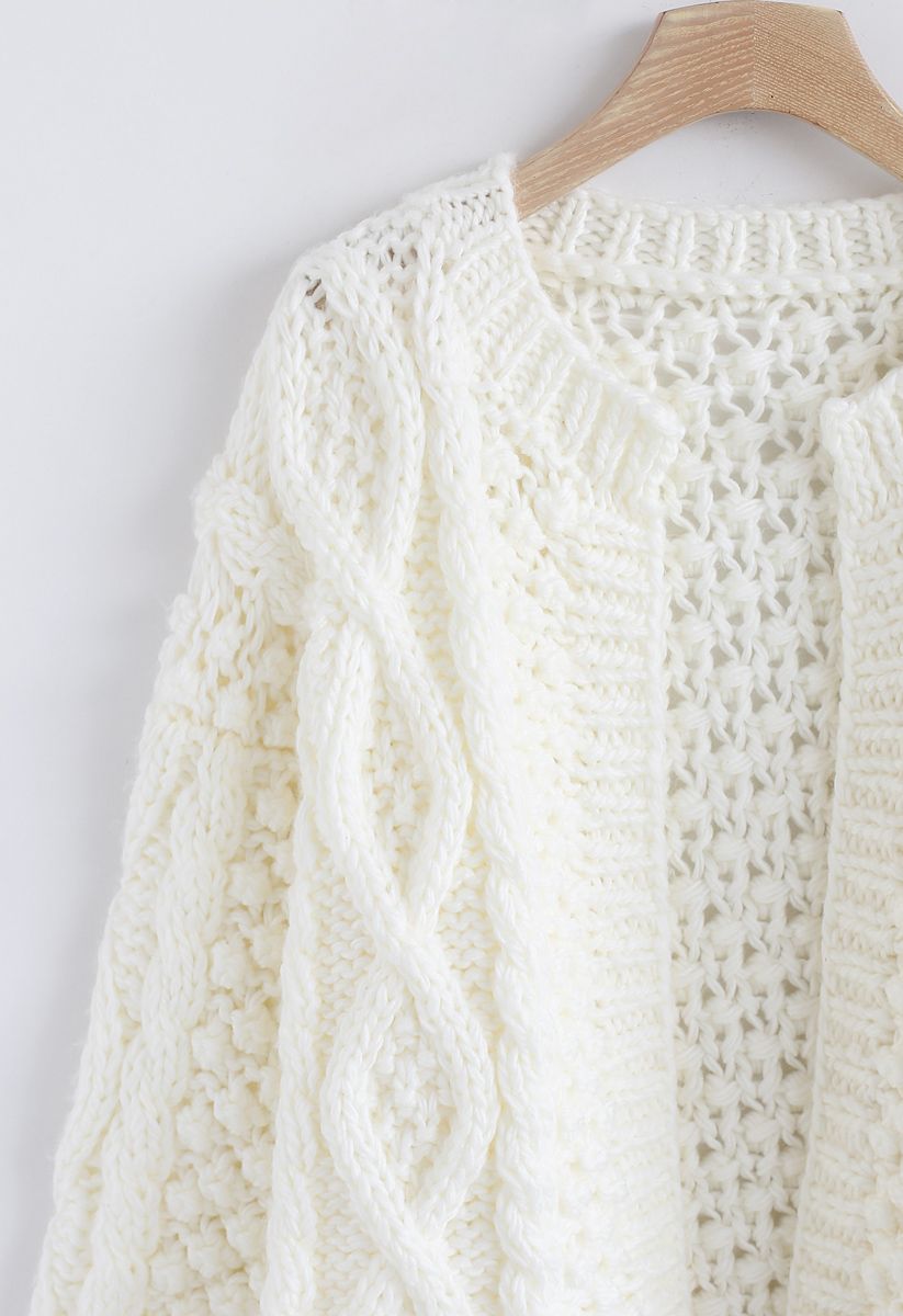 Wintry Morning Cable Knit Cardigan in White