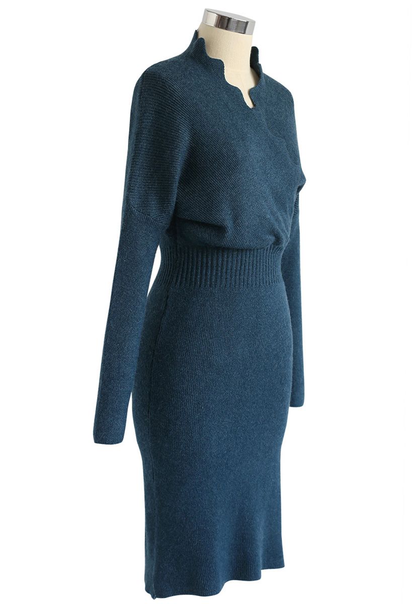 Cafe Time Wavy Wrap Knit Dress in Teal