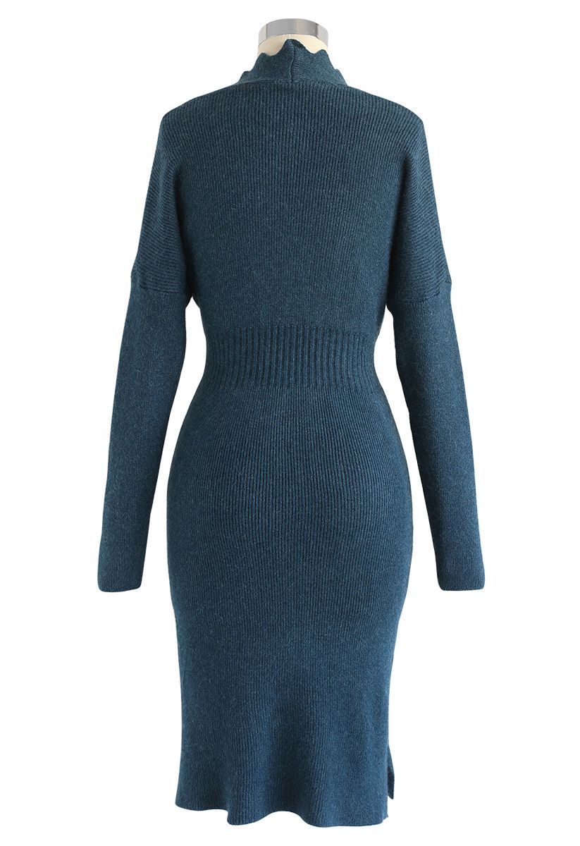 Cafe Time Wavy Wrap Knit Dress in Teal