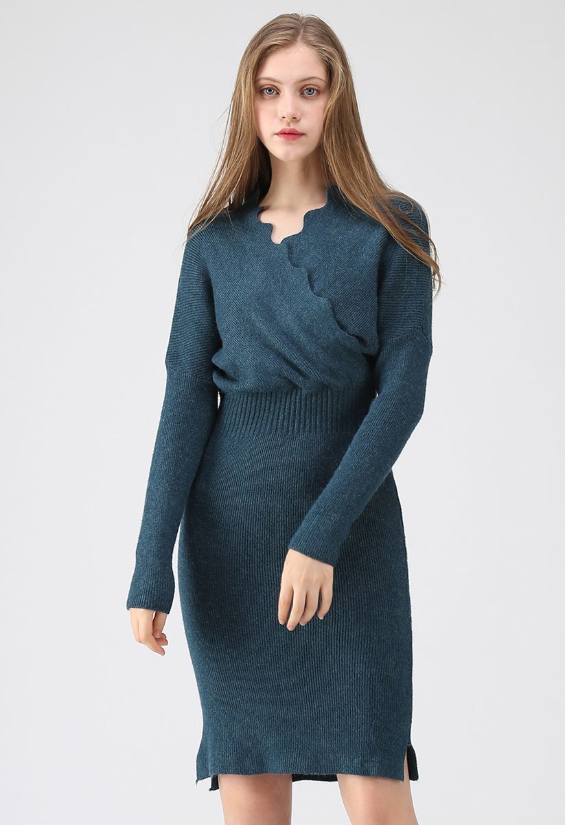 Cafe Time Wavy Wrap Knit Dress in Teal