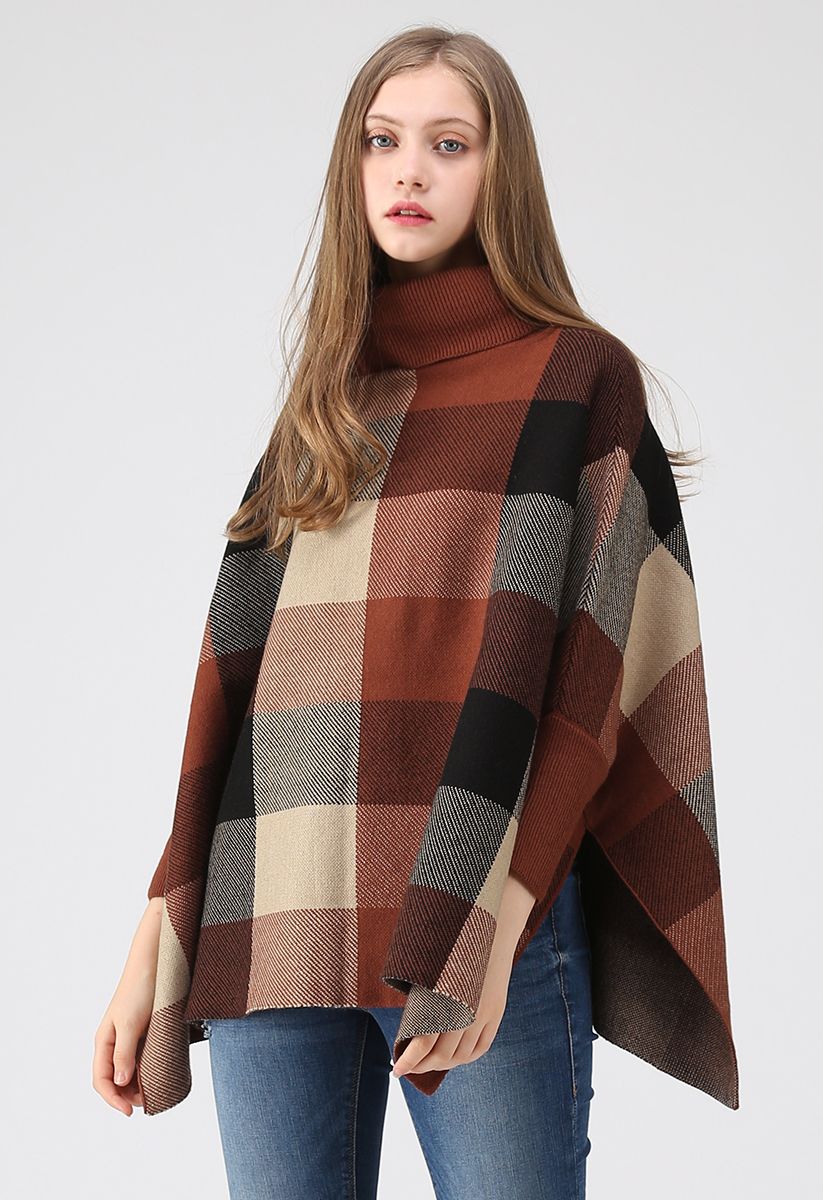 Lie in Check Fields Turtleneck Cape Sweater in Caramel