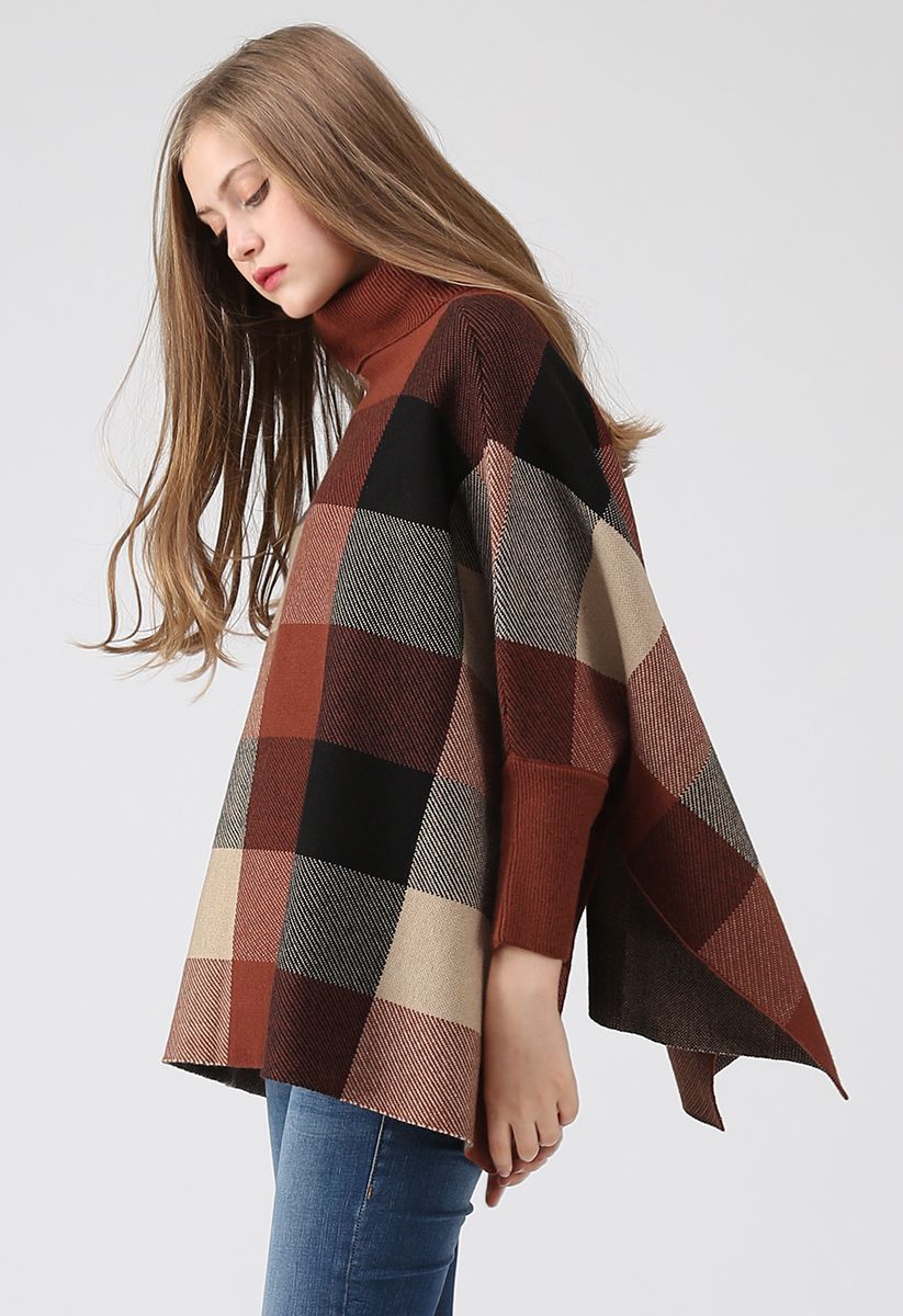 Lie in Check Fields Turtleneck Cape Sweater in Caramel