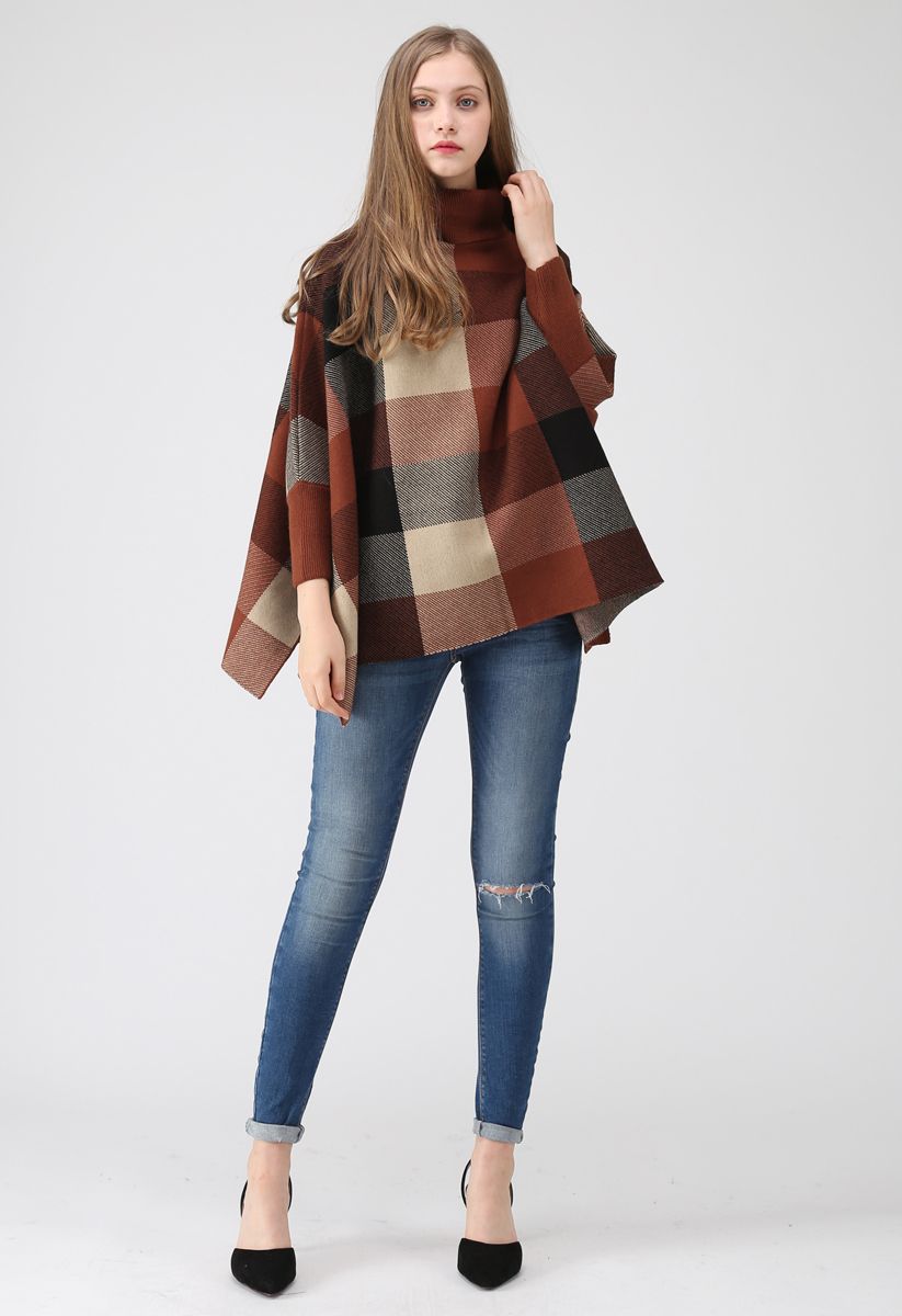 Lie in Check Fields Turtleneck Cape Sweater in Caramel