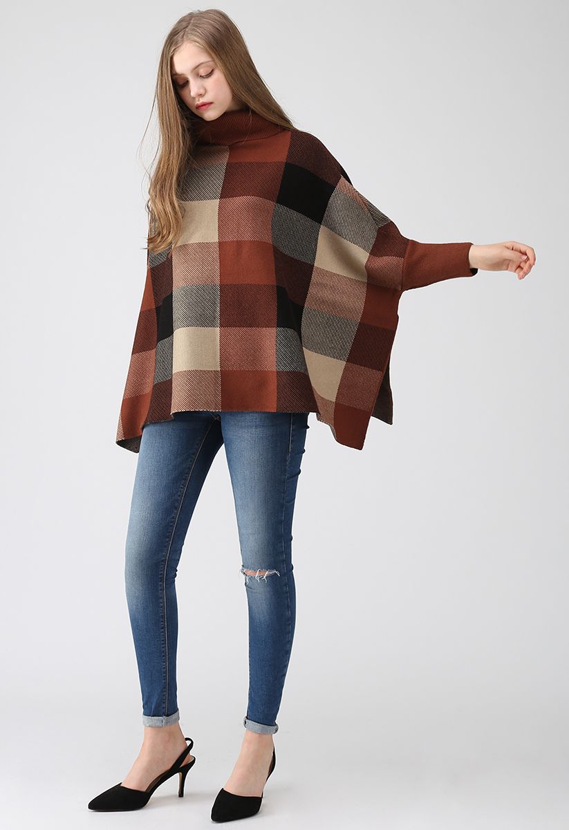 Lie in Check Fields Turtleneck Cape Sweater in Caramel