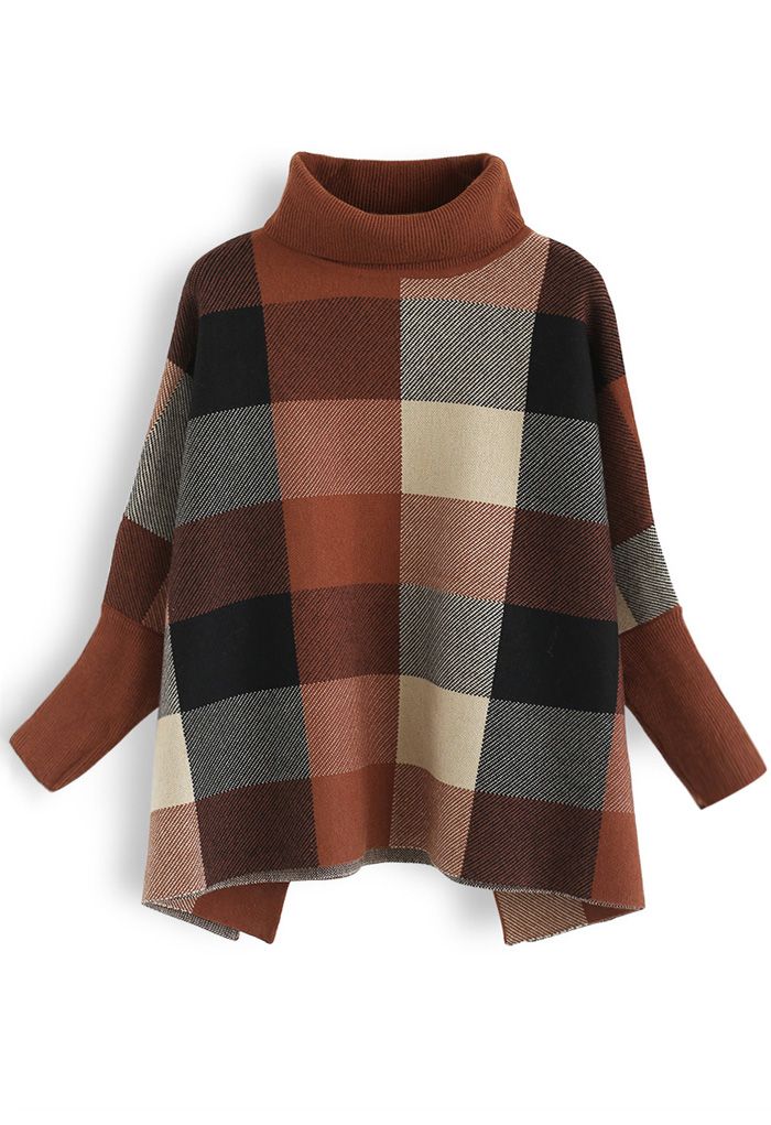 Lie in Check Fields Turtleneck Cape Sweater in Caramel